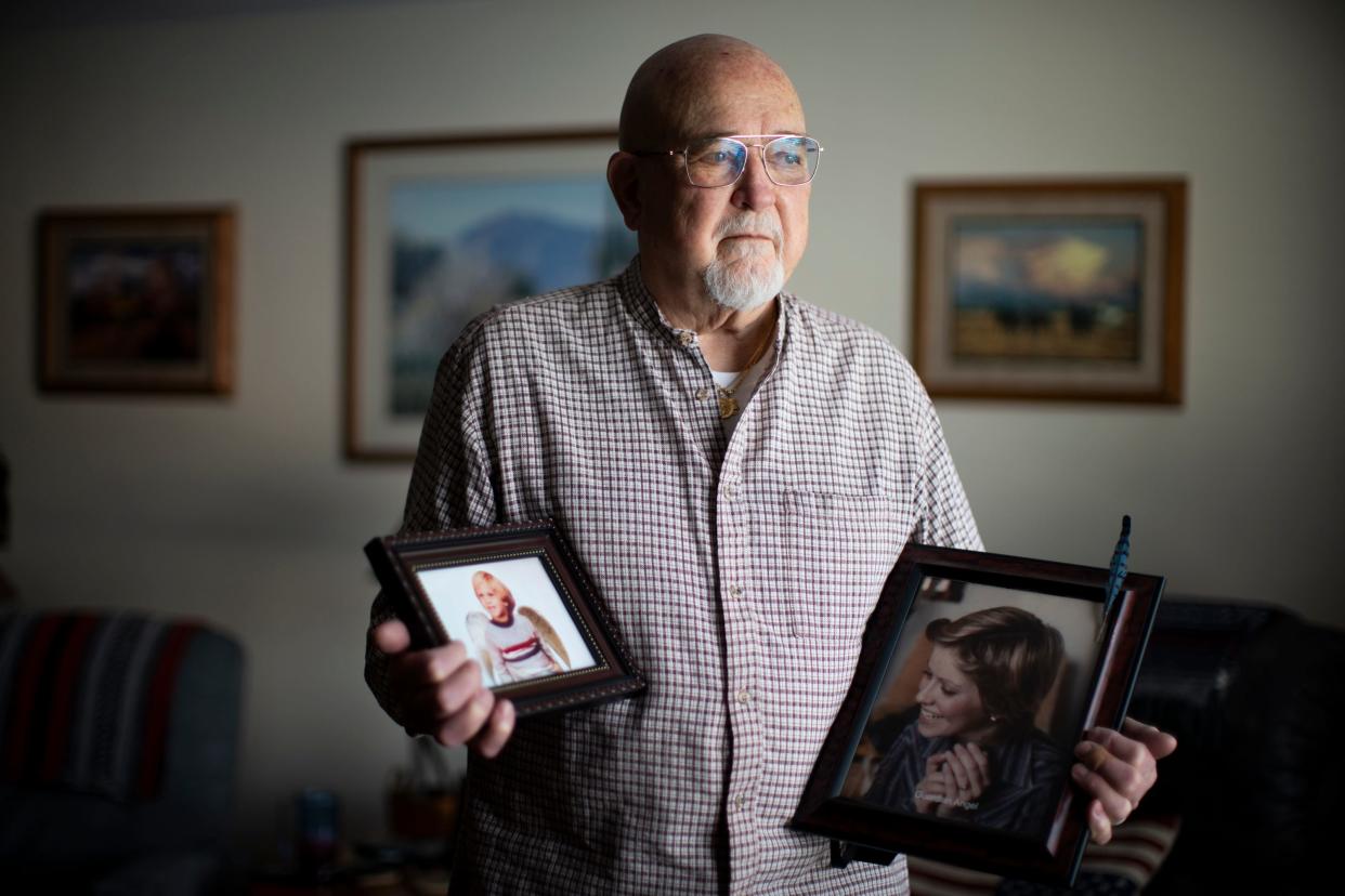 Don Hochuli holds photos of his 2-year-old grandson Jeremy Pickens and 23-year-old daughter Lynn Hochuli Vest who were found killed in a car in November 1980. He hopes that police can use an emerging technology, genetic genealogy, to find their killer or killers. Knowing who they are, even if dead, would give him somewhere to direct his hurt and anger, Hochuli said.