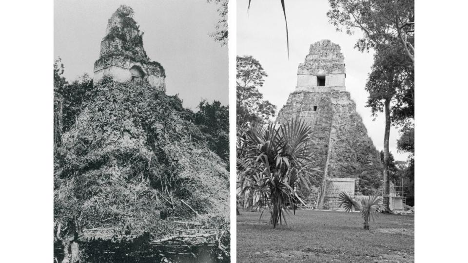 Two photos of a temple in Tikal, Guatamala, before and after excavation.