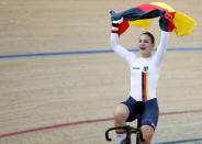 Cycling - UCI Track World Championships - Women's Sprint, Final - Hong Kong, China - 14/4/17 - Germany's Kristina Vogel celebrates after winning gold. REUTERS/Bobby Yip