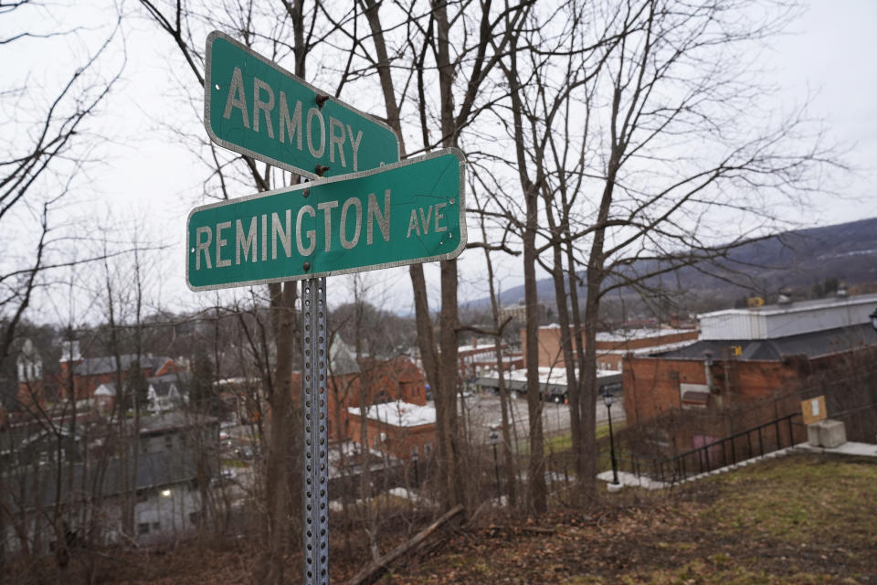 Street names reflect the importance of Remington Arms Co., in the village of Ilion, N.Y., Thursday, Feb. 1, 2024. The nation’s oldest gun-maker is consolidating operations in Georgia and recently announced plans to shutter the Ilion factory in early March. (AP Photo/Seth Wenig)