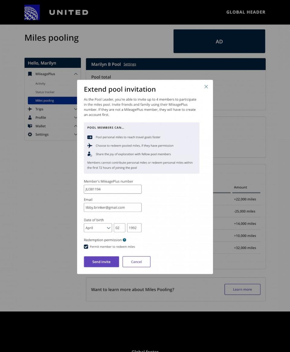 PHOTO: A screengrab of what the user experience looks like on United Airlines for MileagePlus miles pooling. (United Airlines)