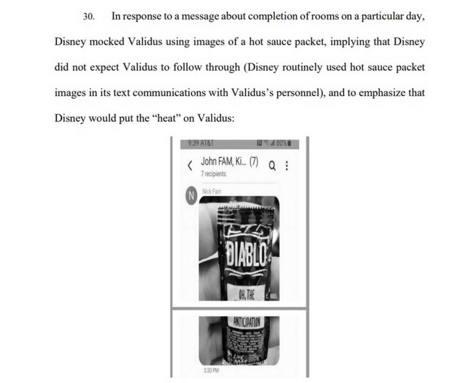 Validus Construction’s lawsuit against Disney claims the company’s construction team used memes to belittle owner Nicole Wickens, including this text message image of Diablo Hot Sauce, according to a lawsuit filed in July 2020 in Orange County.