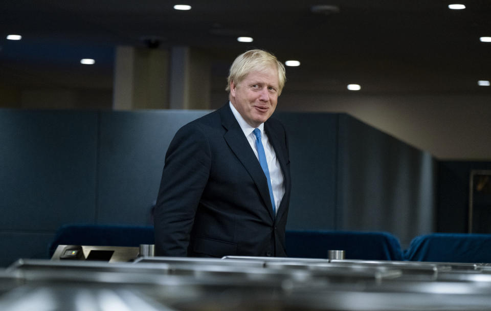 Britain's Prime Minister Boris Johnson arrives for the 74th session of the United Nations General Assembly, at U.N. headquarters, Monday, Sept. 23, 2019. (AP Photo/Craig Ruttle)