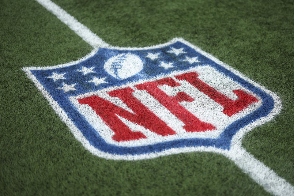 FOXBOROUGH, MA - SEPTEMBER 10: An NFL shield logo is painted on the field prior to an NFL football game between the New England Patriots and the Philadelphia Eagles at Gillette Stadium on September 10, 2023 in Foxborough, Massachusetts. (Photo by Kevin Sabitus/Getty Images)