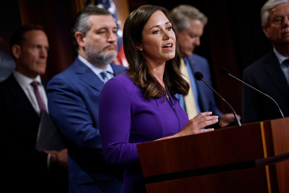 Sen. Katie Britt (R-AL) speaks during a news conference with fellow Republican senators at the U.S. Capitol on May 9, 2024 in Washington, DC.