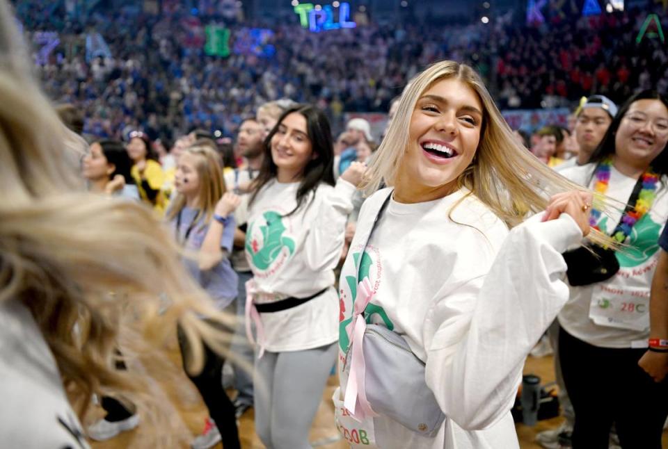 Lainy Johnston learns the line dance with her friends during the Penn State IFC/Panhellenic Dance Marathon on Friday, Feb. 16, 2024 at the Bryce Jordan Center.