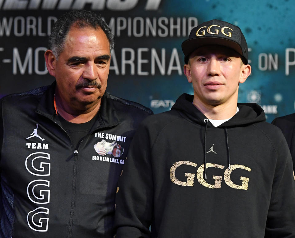 LAS VEGAS, NV - SEPTEMBER 13:  Trainer Abel Sanchez (L) and WBC, WBA and IBF middleweight champion Gennady Golovkin attend a news conference at MGM Grand Hotel & Casino on September 12, 2017 in Las Vegas, Nevada. Golovkin will defend his titles against Canelo Alvarez at T-Mobile Arena on September 16 in Las Vegas.  (Photo by Ethan Miller/Getty Images)