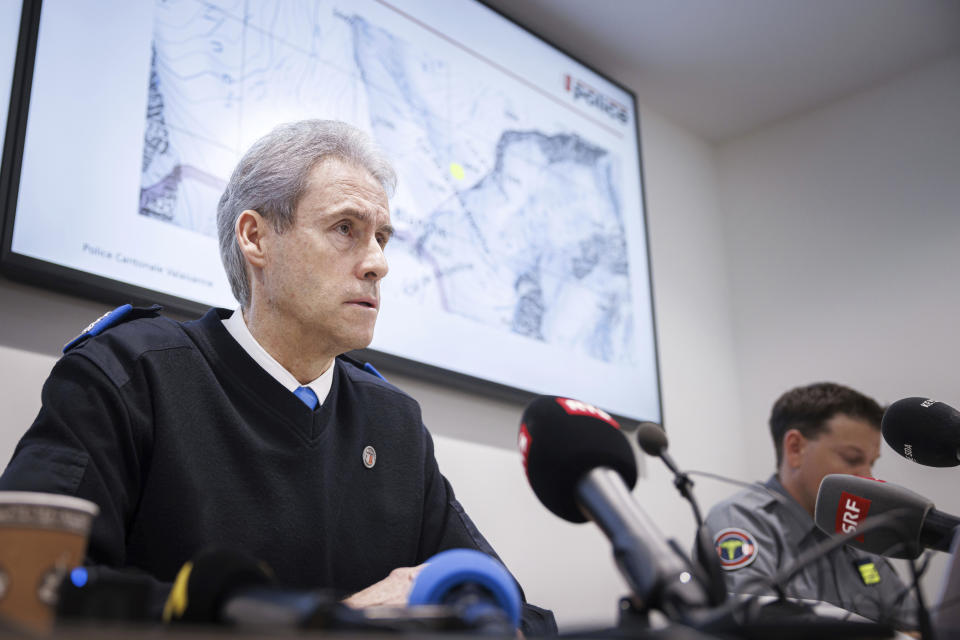 Commandant of the Valais Cantonal Police Christian Varone speaks during a press conference, in Sion, Switzerland, Monday, March 11, 2024. Five cross-country skiers have been found dead after going missing over the weekend near Switzerland’s famed Matterhorn, Swiss police said Monday. Rescue authorities announced a search in difficult weather conditions Sunday for six skiers missing. The group set off Saturday on a route between the resort town of Zermatt, at the foot of the Matterhorn, and the village of Arolla, near the border with Italy. (Valentin Flauraud/Keystone via AP)