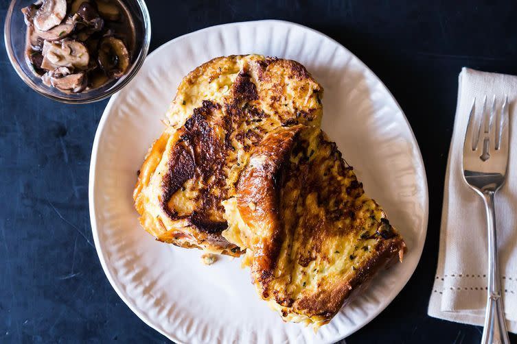 <p><b><b>Savory Gruyere Stuffed French Toast</b><br></b></p><p>Let this savory, oozy, gruyere-y French toast mop up all of last night’s cocktails. Try the<b> <b><b><a href="https://www.food52.com/recipes/4644-savory-gruyere-stuffed-french-toast?utm_source=yahoofood&utm_medium=referral&utm_campaign=10hangoverhelpers" rel="nofollow noopener" target="_blank" data-ylk="slk:Savory Gruyere Stuffed French Toast;elm:context_link;itc:0;sec:content-canvas" class="link ">Savory Gruyere Stuffed French Toast</a>.</b></b></b> <i>(Photo: <i>James Ransom/Food52)</i></i></p>