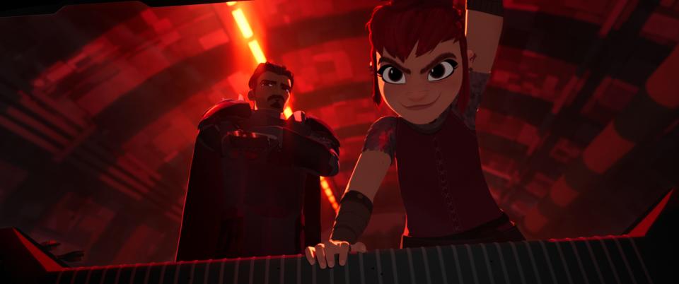 In the techno-medieval animated adventure "Nimona," a knight (voiced by Riz Ahmed, left) is framed for a crime he didn't commit and the only person who can help him prove his innocence is a shape-shifting teen (Chloë Grace Moretz).