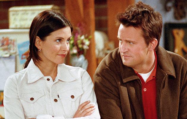 Matthew Perry and Courtney Cox as Chandler and Monica on Friends.