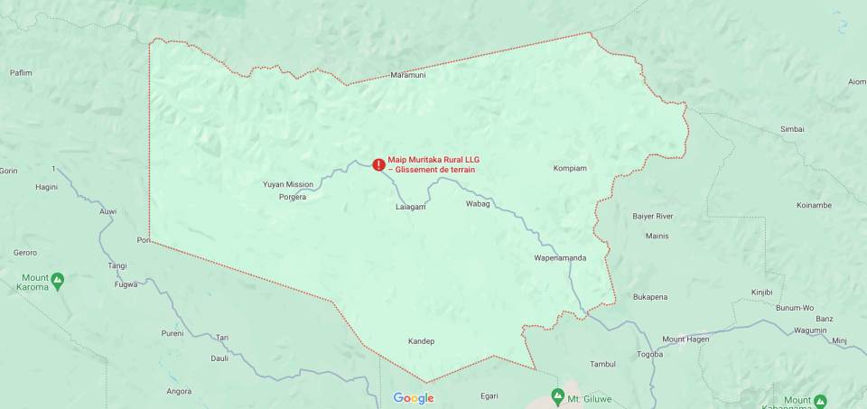 Un village à flanc de colline de la province d’Enga (encerclée en rouge) a été presque totalement anéanti lorsqu’un pan du mont Mungalo s’est effondré.