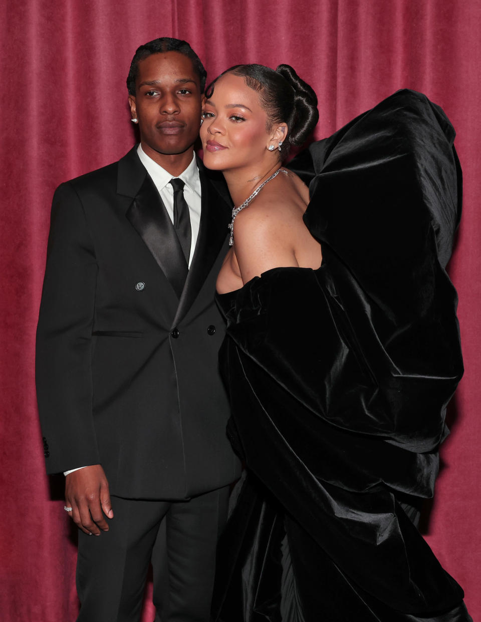 BEVERLY HILLS, CALIFORNIA - JANUARY 10: 80th Annual GOLDEN GLOBE AWARDS -- Pictured: (l-r) A$AP Rocky and Rihanna attend the 80th Annual Golden Globe Awards held at the Beverly Hilton Hotel on January 10, 2023 in Beverly Hills, California. -- (Photo by Christopher Polk/NBC via Getty Images)