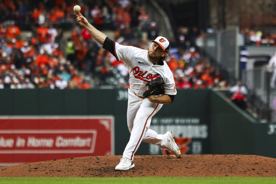 Orioles starting pitcher Corbin Burnes (39) throws during the second inning of a baseball game against the Los Angeles Angels, Thursday, March 28, 2024, in Baltimore. (AP Photo/Julia Nikhinson)