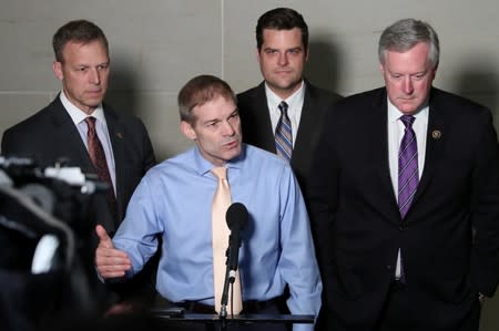 U.S. Representative Jordan speaks to reporters outside House Intelligence Committee offices on Capitol Hill in Washington