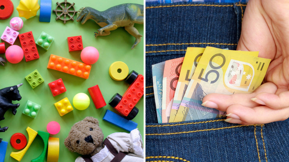 Toys including LEGO on green background, woman with Australian cash in jean pocket.