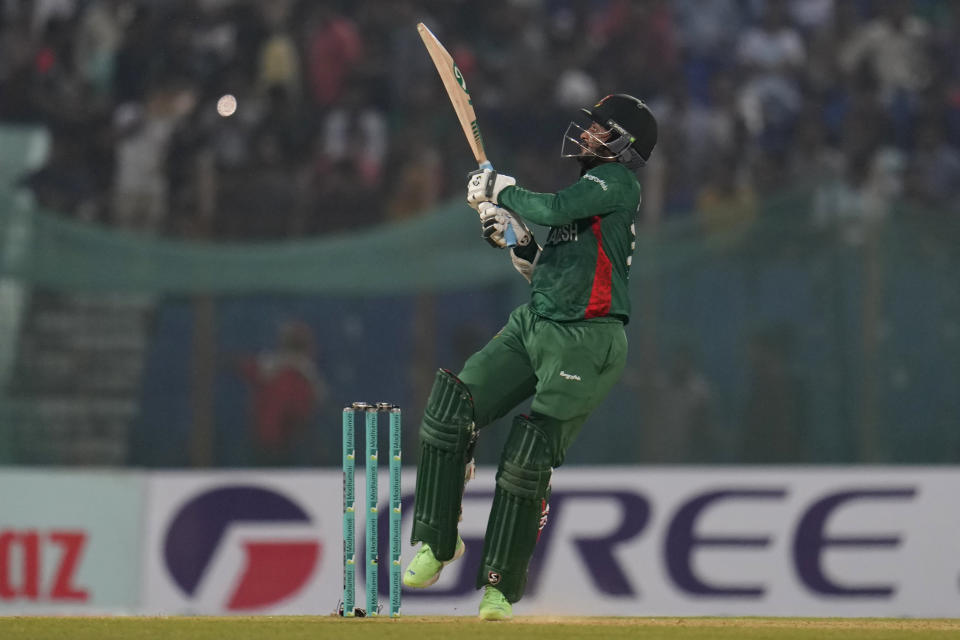 Bangladesh's captain Shakib Al Hasan bats during the first T20 cricket match between Bangladesh and England in Chattogram, Bangladesh, Thursday, March 9, 2023. (AP Photo/Aijaz Rahi)