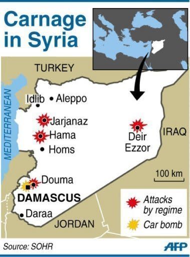 A map showing attacks by Syrian forces and car bomb in Damascus. Violence in Syria claimed the lives of another 30 people on Wednesday, as France said the UN-backed peace plan was "seriously compromised" and that the deployment of monitors should be speeded up