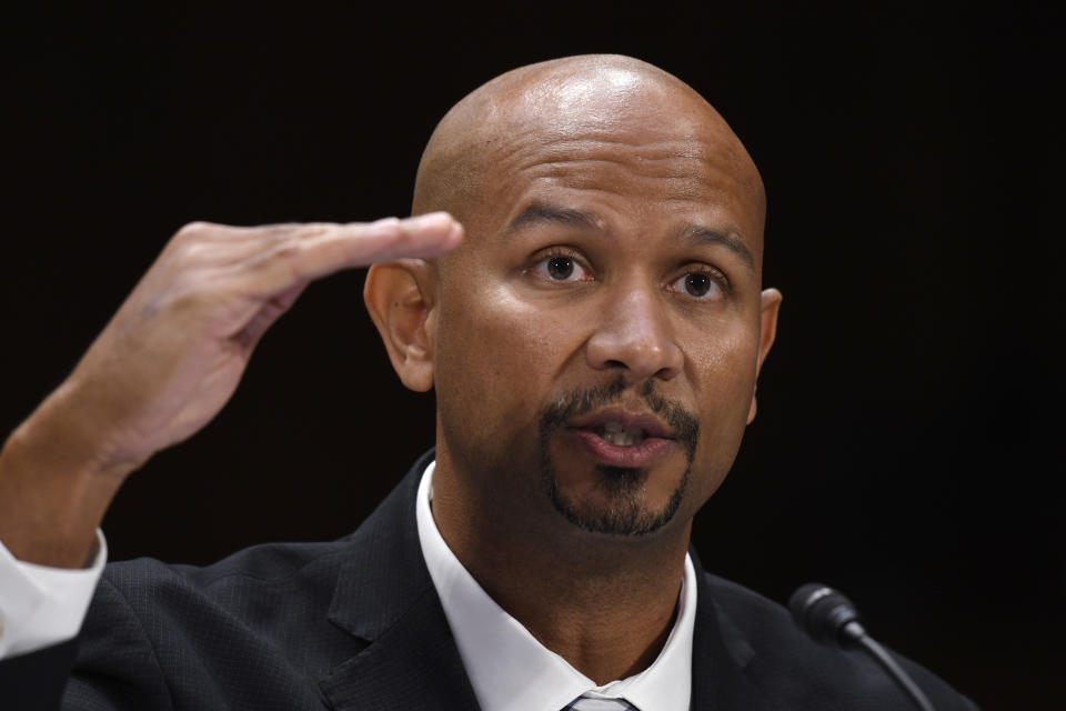 National College Players Association executive director Ramogi Huma testifies during a Senate Commerce subcommittee hearing. (AP Photo/Susan Walsh)