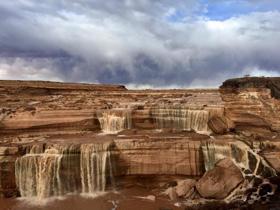 Stormy skies over Grand Falls on the Little Colorado River. The waterfall is on the Navajo Reservation east of Flagstaff, Arizona.