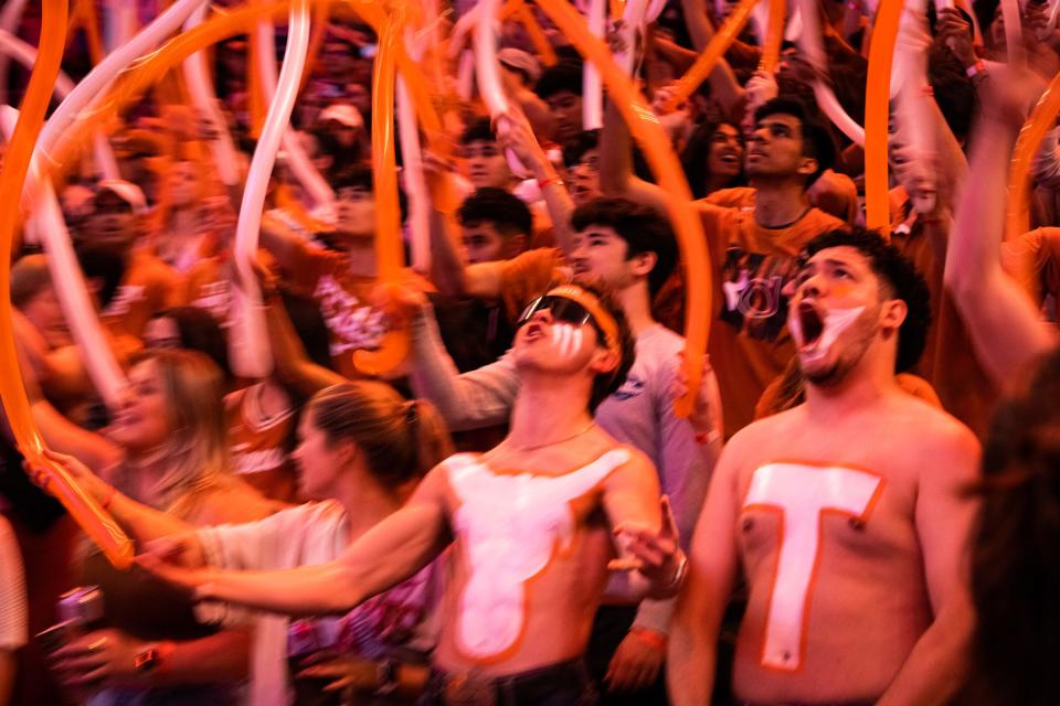 Texas fans get loud ahead of the Longhorns' game against Kansas at Moody Center last season. The Longhorns won the game but the fans avoided the temptation to court at Moody Center, which as never had fans rush onto the court after the game.