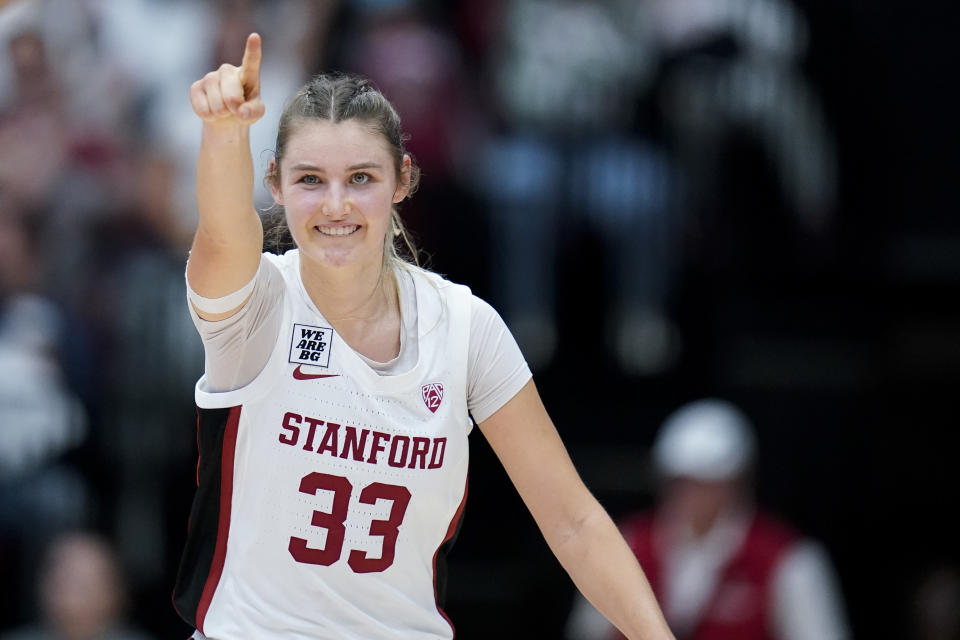 Stanford guard Hannah Jump reacts after scoring a 3-point basket against South Carolina during the first half of an NCAA college basketball game in Stanford, Calif., Sunday, Nov. 20, 2022. (AP Photo/Godofredo A. Vásquez)