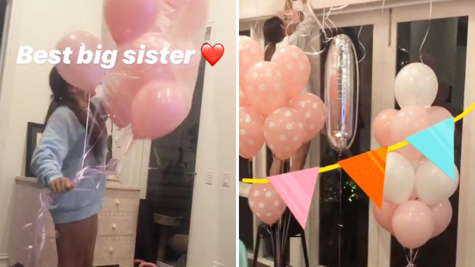 <p>Big sister Evie and mum Snez helped deck out the family home the night before with ballons, signs and bunting. Photo: Instagram/samjameswood </p>