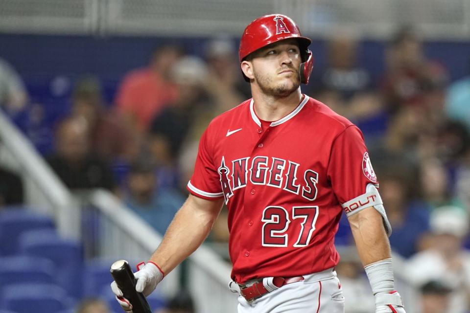 Angels star Mike Trout walks away from the plate during a game against the Miami Marlins in July.