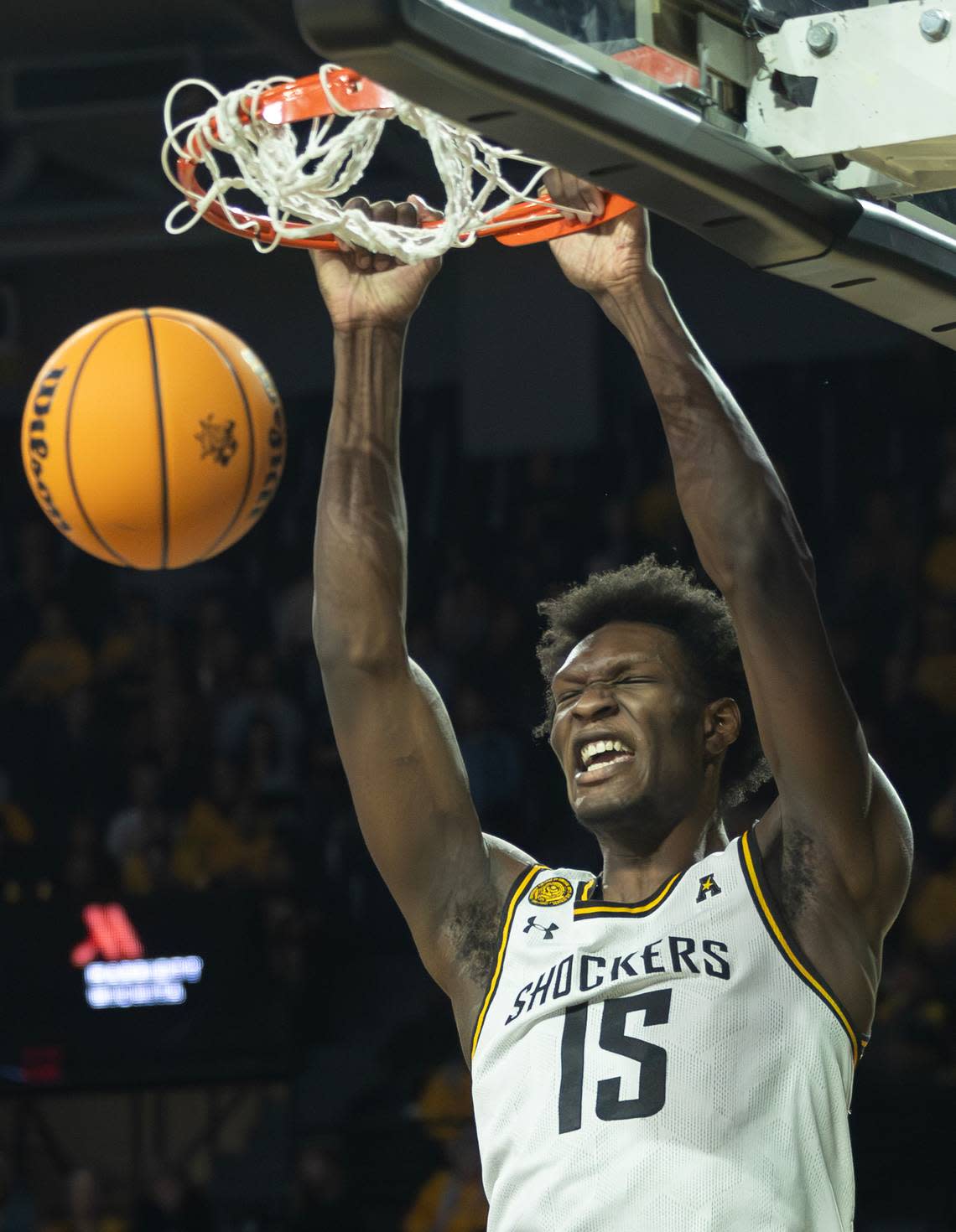 Wichita State’s Quincy Ballard dunks the ball in the second half against UTSA on Wednesday night. Travis Heying/The Wichita Eagle