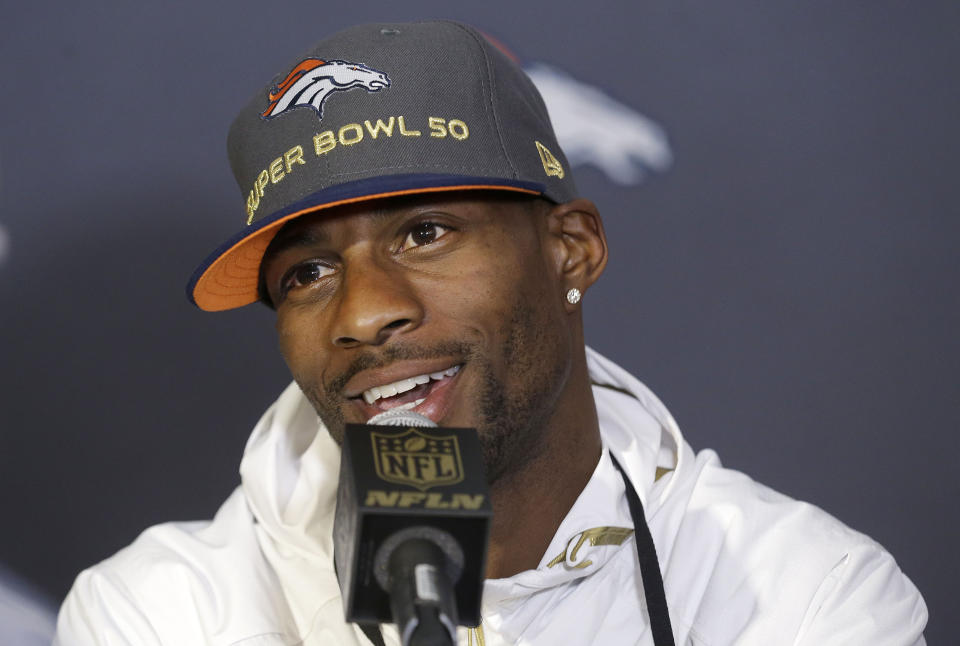 FILE - Then-Denver Broncos wide receiver Emmanuel Sanders speaks to reporters in advance of the Super Bowl 50 NFL football game in Santa Clara, Calif., in this Tuesday, Feb. 2, 2016, file photo. New Orleans Saints first-year receiver Emmanuel Sanders is trying to reach his fourth Super Bowl with a fourth different team. (AP Photo/Jeff Chiu, File)