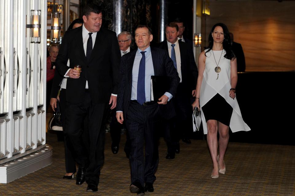 Tycoon James Packer (L) and Crown Resorts executive chairman John Alexander arrive for the Crown Resorts Annual General Meeting at Crown Towers in Melbourne on October 26, 2017.