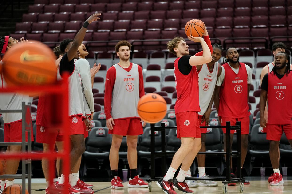 Oct 19, 2023; Columbus, Ohio, USA; Ohio State Buckeyes guard Bowen Hardman (15) competes in a three point contest during an open practice at Value City Arena.