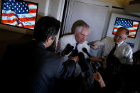 <p>Secretary of State Rex Tillerson speaks to reporters en route with President Donald Trump to a NATO summit in Brussels aboard Air Force One on May 24, 2017. (Photo: Jonathan Ernst/Reuters) </p>