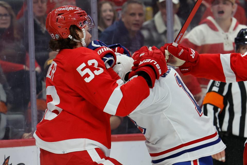 Detroit Red Wings defenseman Moritz Seider (53) and Montreal Canadiens right wing Brendan Gallagher (11) shove each other in the third period at Little Caesars Arena in Detroit on Thursday, Nov. 9, 2023.