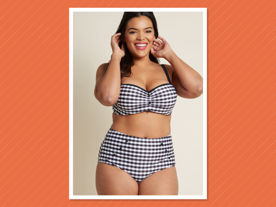 <p>Modcloth High Dive Waterfront Flaunt bikini top, $49 and high-waisted bikini bottoms in gingham, $39, <a rel="nofollow noopener" href="https://www.modcloth.com/shop/swimwear/waterfront-flaunt-bikini-top-in-gingham/157701.html" target="_blank" data-ylk="slk:modcloth.com;elm:context_link;itc:0;sec:content-canvas" class="link ">modcloth.com</a> </p>