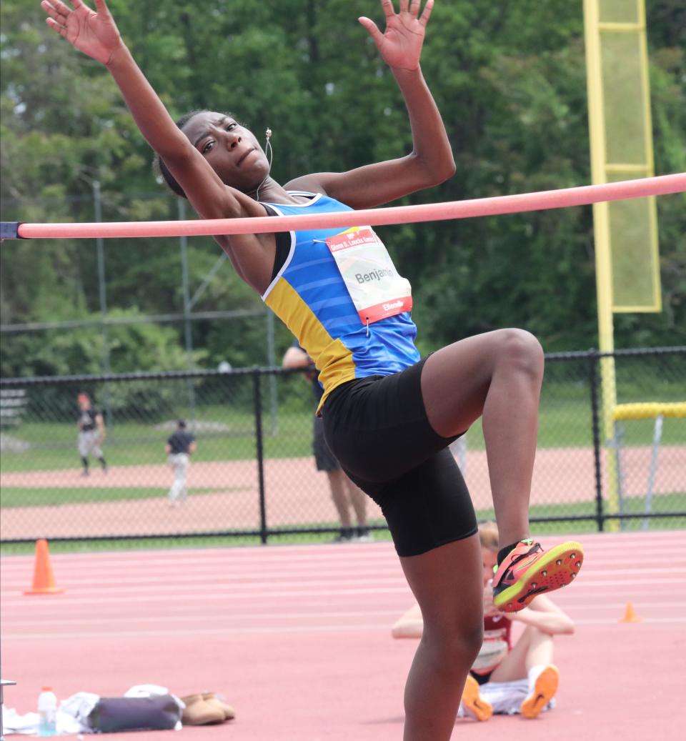 Amelia Benjamin from Ellenville competes in the women's high jump during the 55th annual Glenn D. Loucks Track & Field Games at White Plains High School, May 13, 2023. 