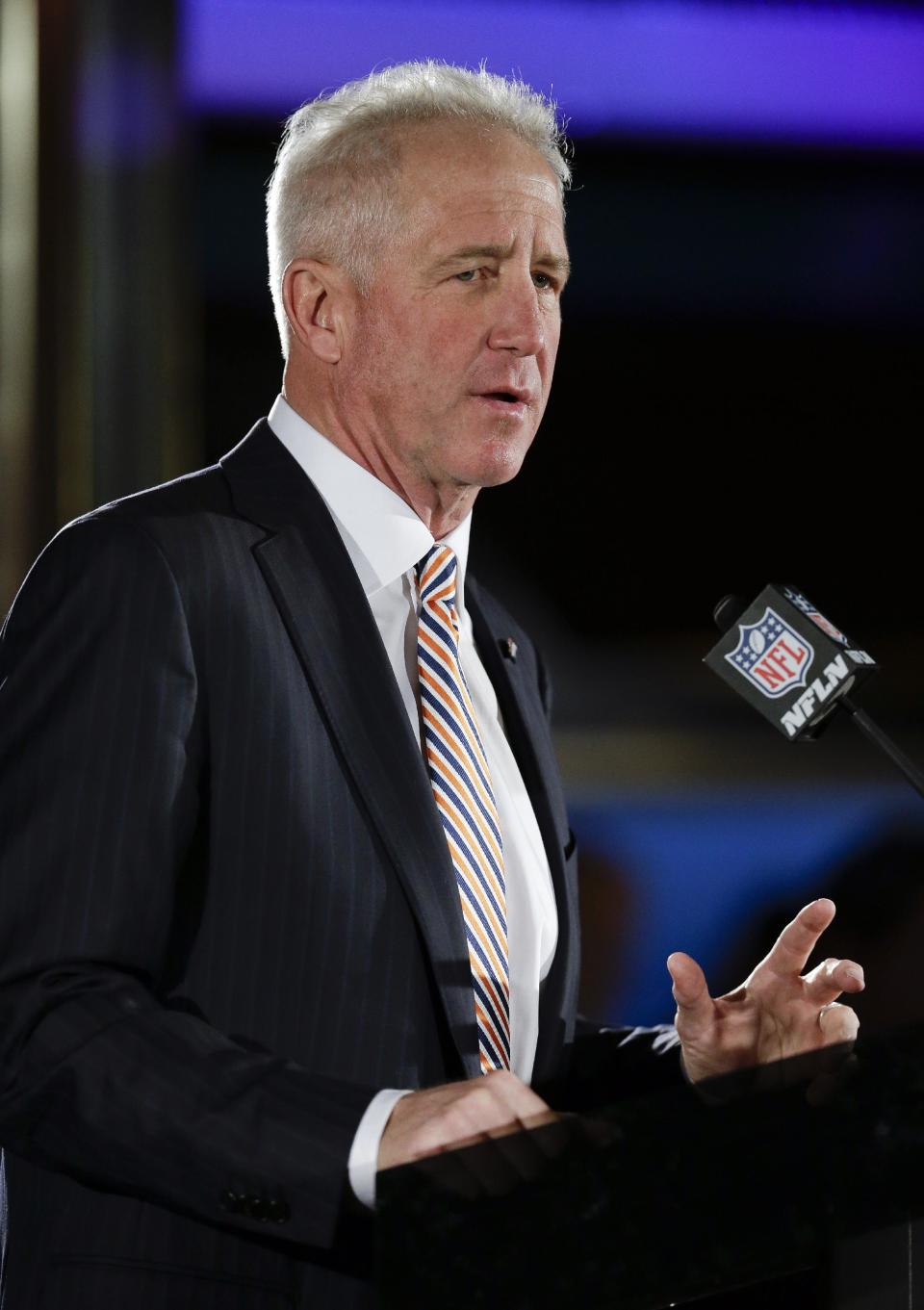 Denver Broncos head coach John Fox talks with reporters during a news conference Sunday, Jan. 26, 2014, in Jersey City, N.J. The Broncos are scheduled to play the Seattle Seahawks in the NFL Super Bowl XLVIII football game Sunday, Feb. 2, in East Rutherford, N.J. (AP Photo/Mark Humphrey)