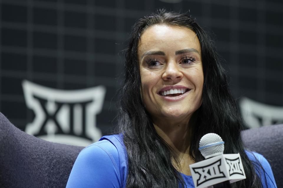 BYU’s Lauren Gustin addresses the media during Big 12 women’s basketball media day Tuesday, Oct. 17, 2023, in Kansas City, Mo. | Charlie Riedel, Associated Press