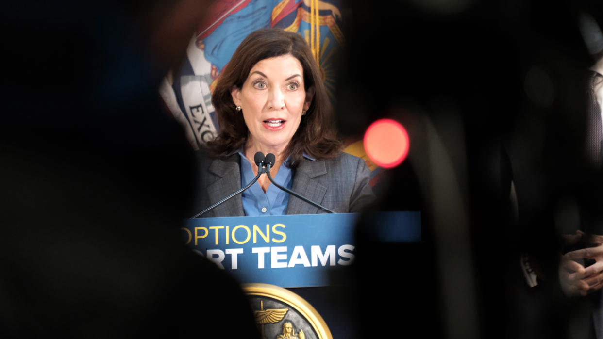 New York Gov. Kathy Hochul speaks at a news conference.