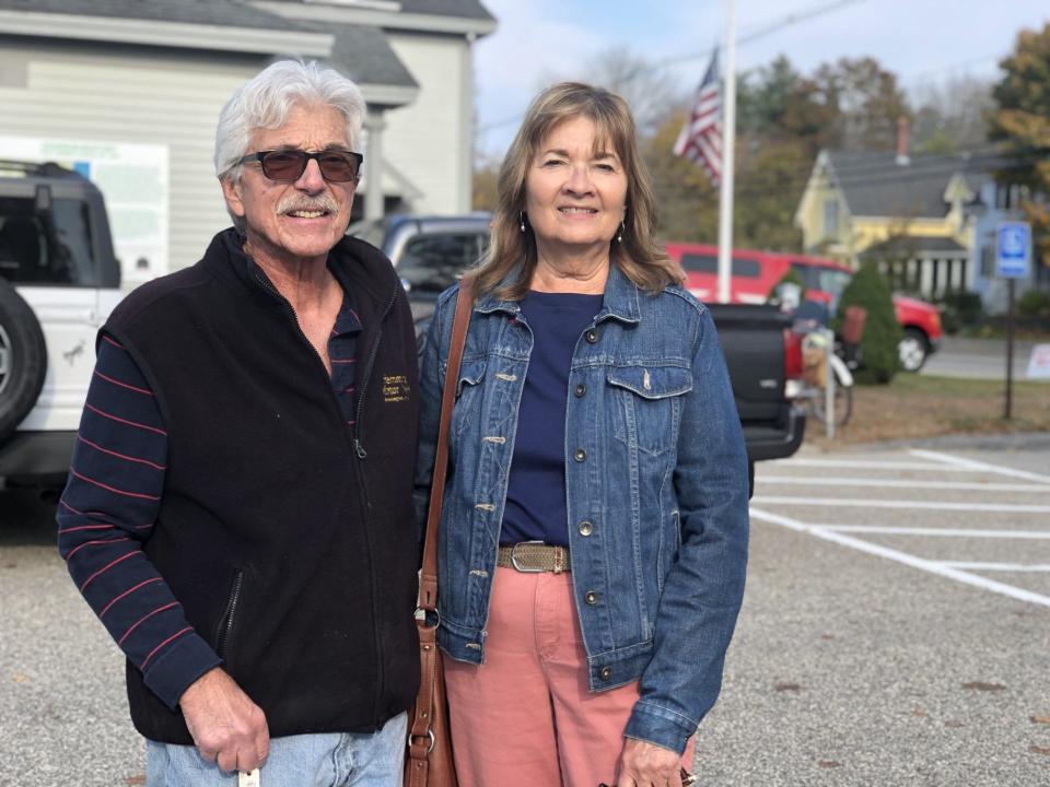 Rick and Doris Porell are seen here after voting at the Village Fire Station during the special town meeting in Kennebunkport, Maine, on Tuesday, Nov. 7, 2023. Doris Porell said she voted in favor of a new town hall that was proposed on the ballot.
