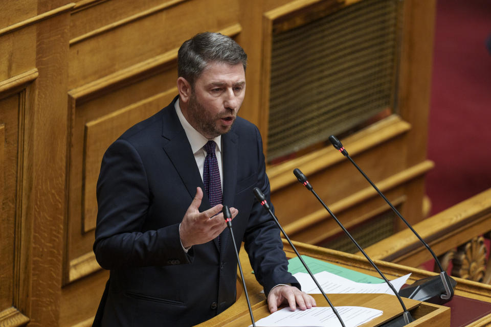 PASOK-Movement for Change (KINAL) leader, Nikos Androulakis, addresses lawmakers during a parliament session in Athens, Greece, Thursday, March 28, 2024. A Greek opposition party Tuesday submitted a motion of no-confidence against the government, saying that it tried to cover up its responsibility over a deadly rail disaster last year that shocked Greece. The three-day debate in parliament is due to end with a vote late Thursday, March 28. (AP Photo/Petros Giannakouris)