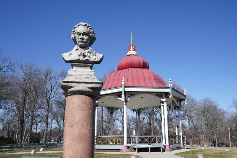 A stone bust of Ludwig van Beethoven stands near the Old Playground Pavilion in Tower Grove Park in St. Louis on March 3, 2021. On May 7, 1824, Beethoven's "Ninth Symphony" was performed for the first time. File Photo by Bill Greenblatt/UPI