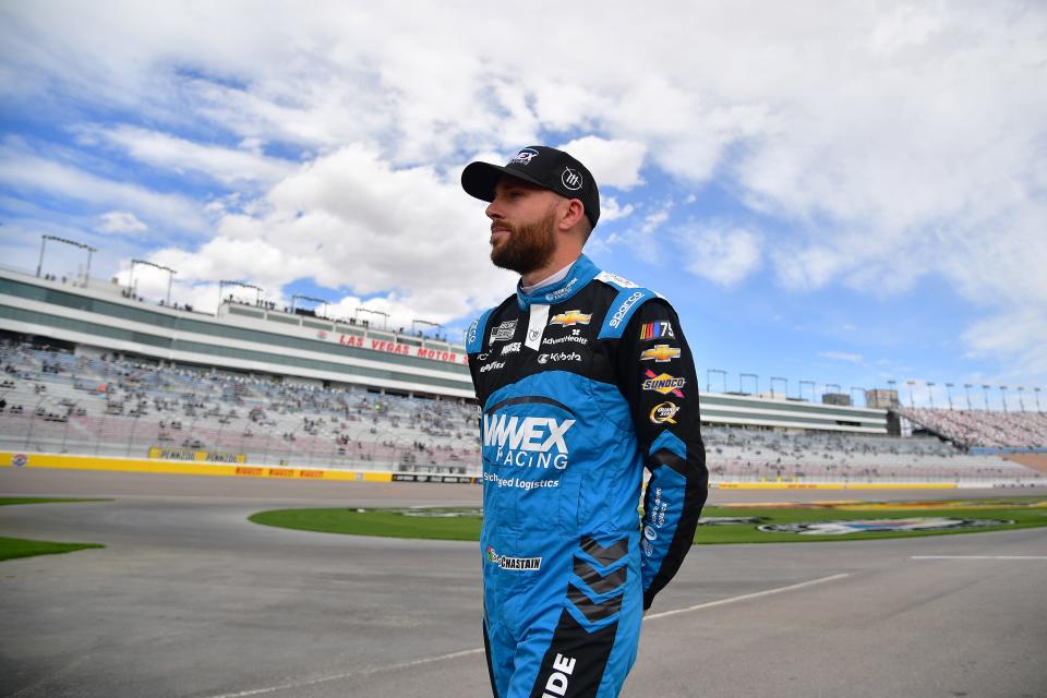 Mar 4, 2023; Las Vegas, Nevada, USA; NASCAR Cup Series driver Ross Chastain (1) during qualifying at Las Vegas Motor Speedway.