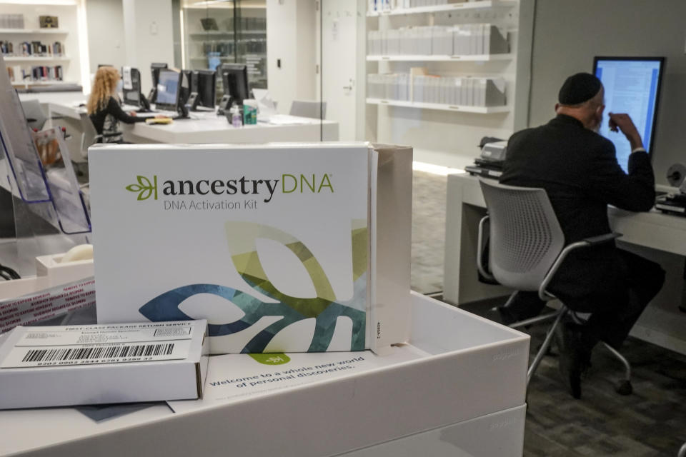 A genealogy testing kit for Ancestry/DNA is displayed in the Ackman and Ziff Family Genealogy Institute research area at the Center for Jewish History (CJH), Tuesday Nov. 29, 2022, in New York. CJH is launching a project offering the DNA testing kits for free to Holocaust survivors and their children to help increase the possibly of finding family connections torn apart in World War II. (AP Photo/Bebeto Matthews)
