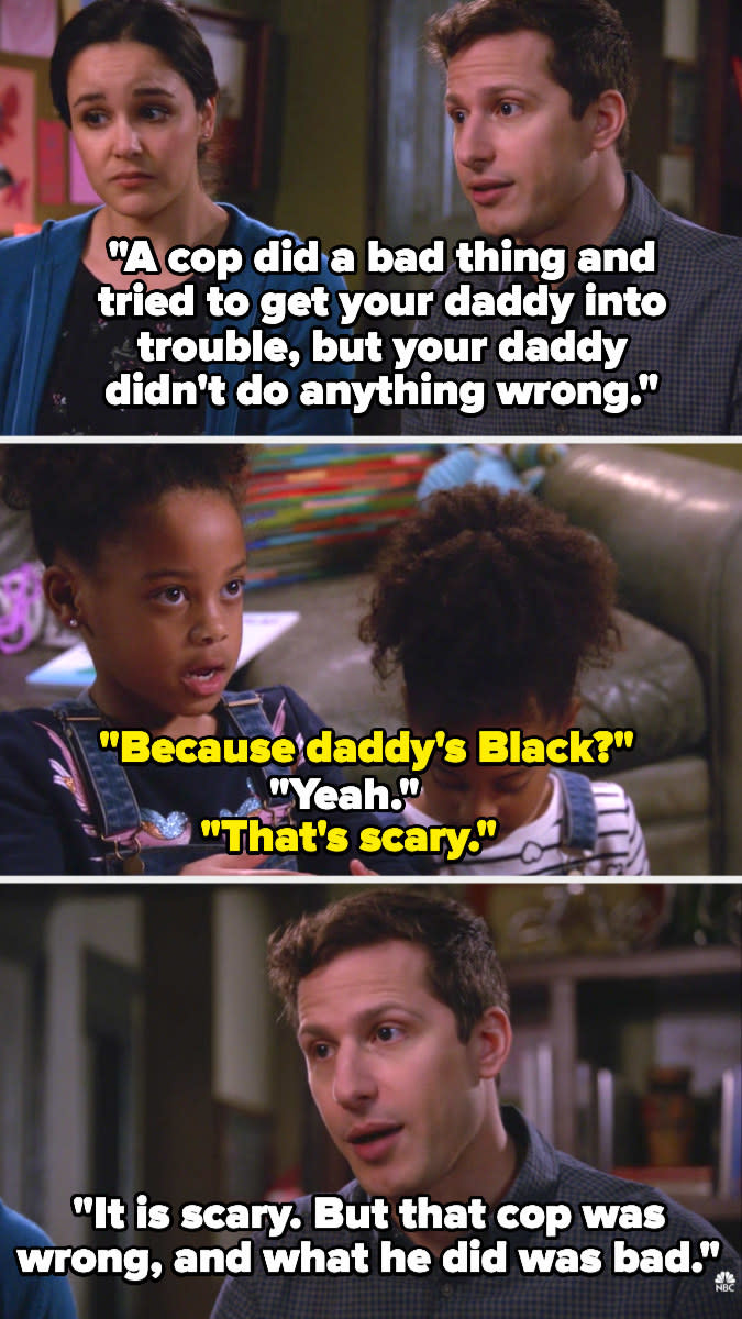 Jake says a cop did a bad thing and tried to get the girls' father (Terry) in trouble even though he didn't do anything wrong, and the girls ask if it's because their dad is Black, to which Jake says "yes," and his daughter calls it "scary." Jake agrees.