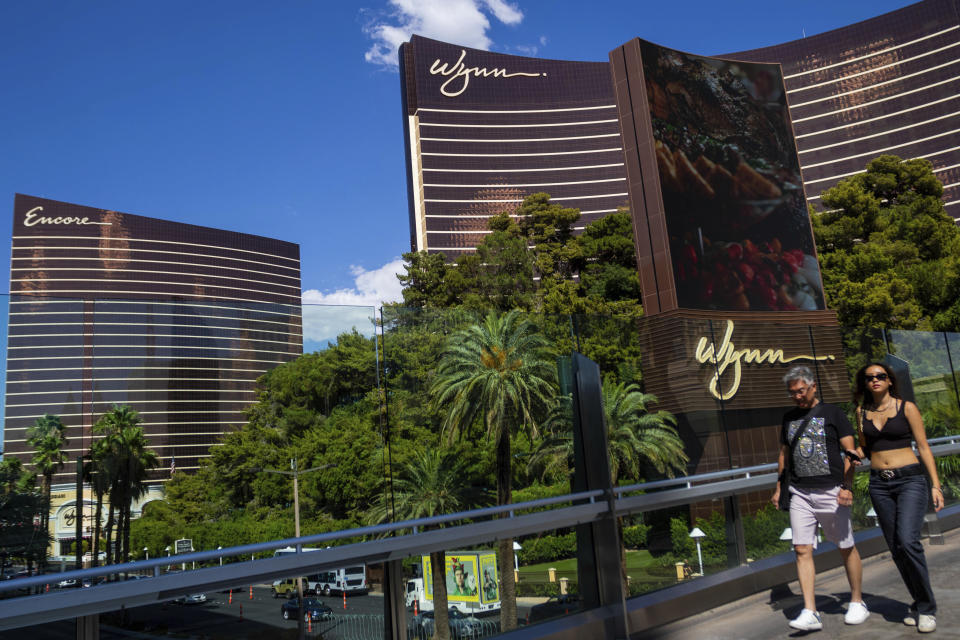 The Wynn Las Vegas and Encore resorts stand on Wednesday, July 26, 2023, in Las Vegas. Casino mogul Steve Wynn's long legal fight with Nevada gambling regulators over claims of workplace sexual misconduct is expected to end Thursday with a settlement calling for him to pay a $10 million fine and cut virtually all ties to the industry he helped shape in Las Vegas. (AP Photo/Ty ONeil)