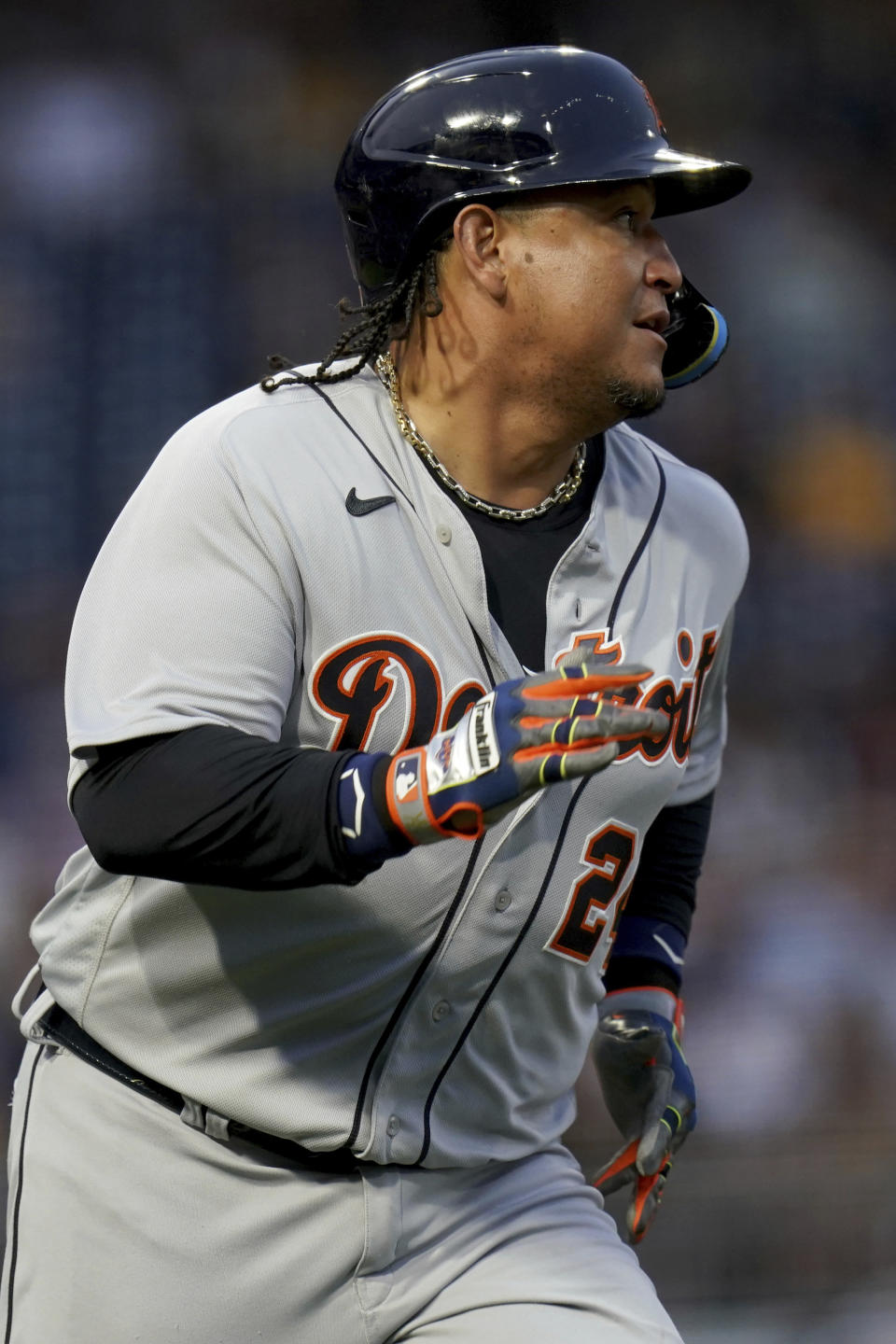 Detroit Tigers Miguel Cabrera watches his single against the Pittsburgh Pirates in the fourth inning of a baseball game in Pittsburgh, Tuesday, Aug. 1, 2023. (AP Photo/Matt Freed)