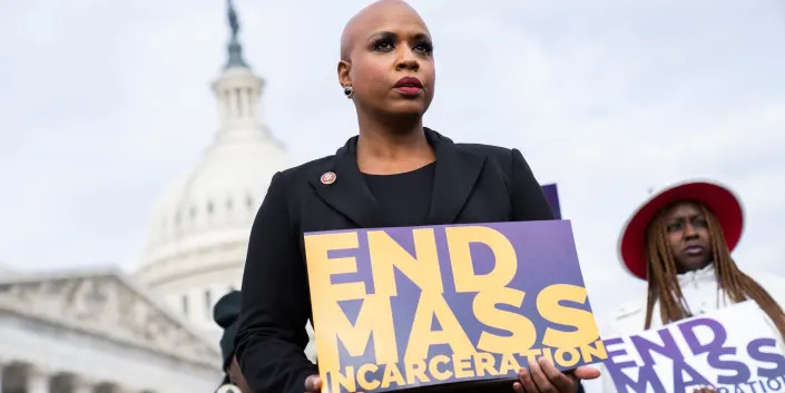Democratic Rep. Ayanna Pressley of Massachusetts at a press conference outside the US Capitol on December 10, 2021.