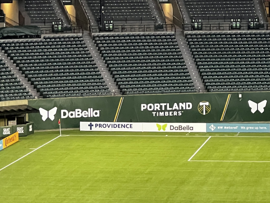 A DaBella logo could be seen inside Providence Park after the Portland Timbers cut ties with the former sponsor. February 28, 2024 (KOIN).