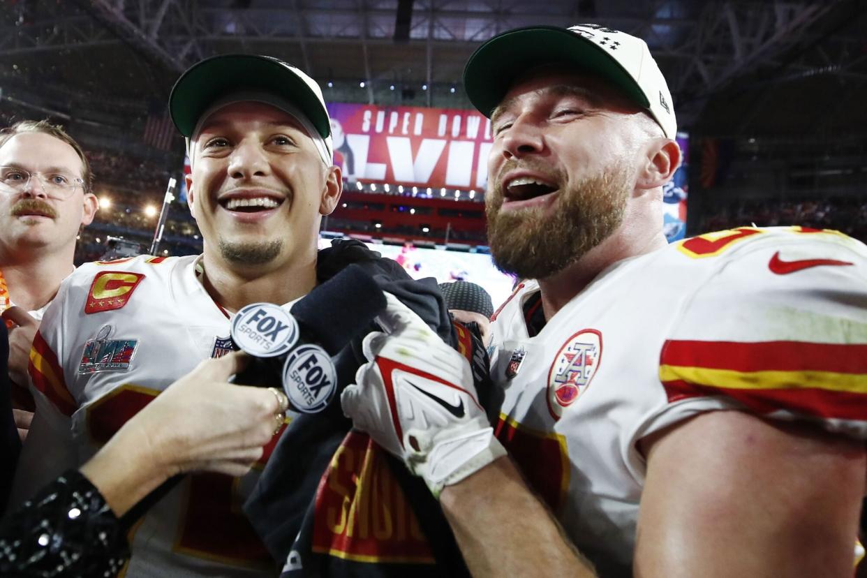 Mandatory Credit: Photo by CAROLINE BREHMAN/EPA-EFE/Shutterstock (13765266hg) Kansas City Chiefs quarterback Patrick Mahomes (L) and Travis Kelce (R) celebrate after defeating the Philadelphia Eagles in Super Bowl LVII between the AFC champion Kansas City Chiefs and the NFC champion Philadelphia Eagles at State Farm Stadium in Glendale, Arizona, 12 February 2023. The annual Super Bowl is the Championship game of the NFL between the AFC Champion and the NFC Champion and has been held every year since January of 1967. Super Bowl LVII Kansas City Chiefs at Philadelphia Eagles, Glendale, USA - 12 Feb 2023
